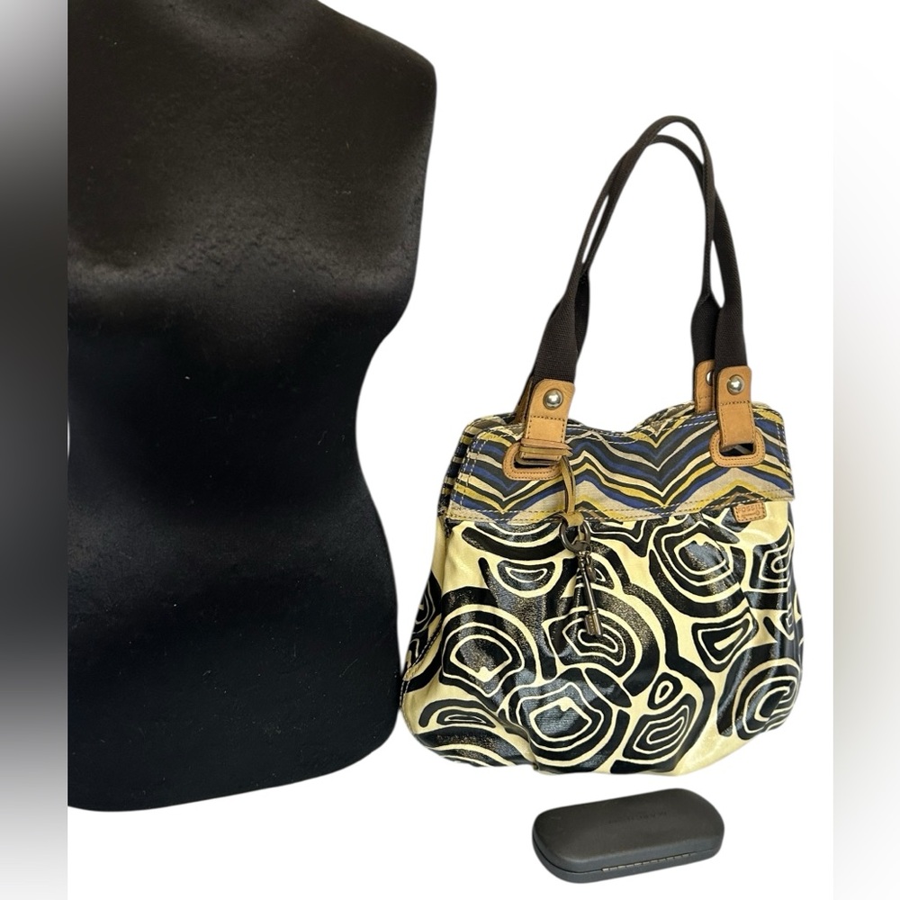 FOSSIL Key-Per Geometric Multicolor Coated Canvas Shoulder Bag Black Blue Cream